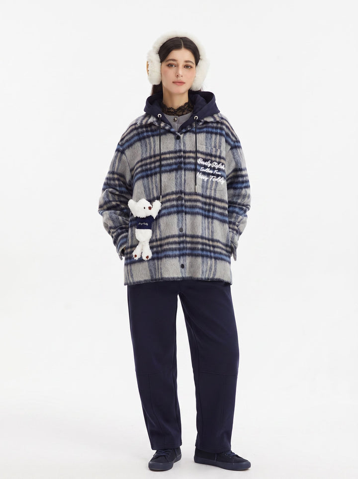 Hooded Plaid Brushed Wool Coat