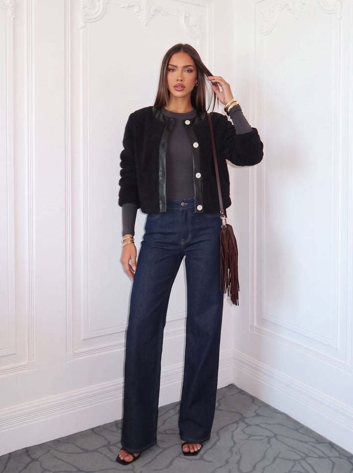 Faux Leather Trim Teddy Jacket