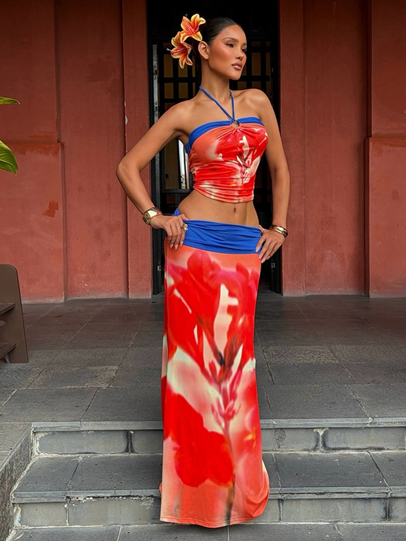 Vibrant Halter Top Maxi Skirt Set
