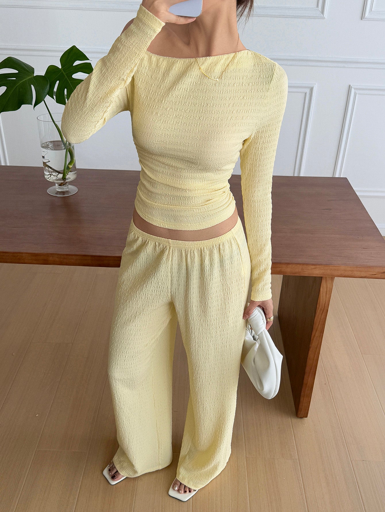 Off Shoulder Top Wide-Leg Pants Casual Set-Lemon Yellow