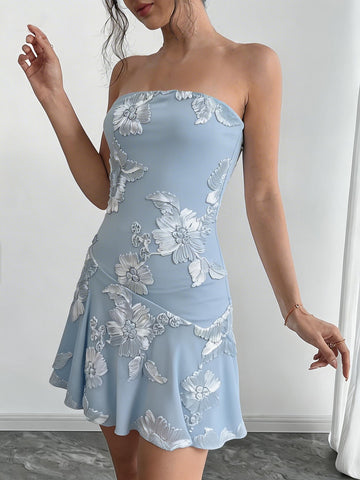 Floral Embroidered Strapless Mini Dress