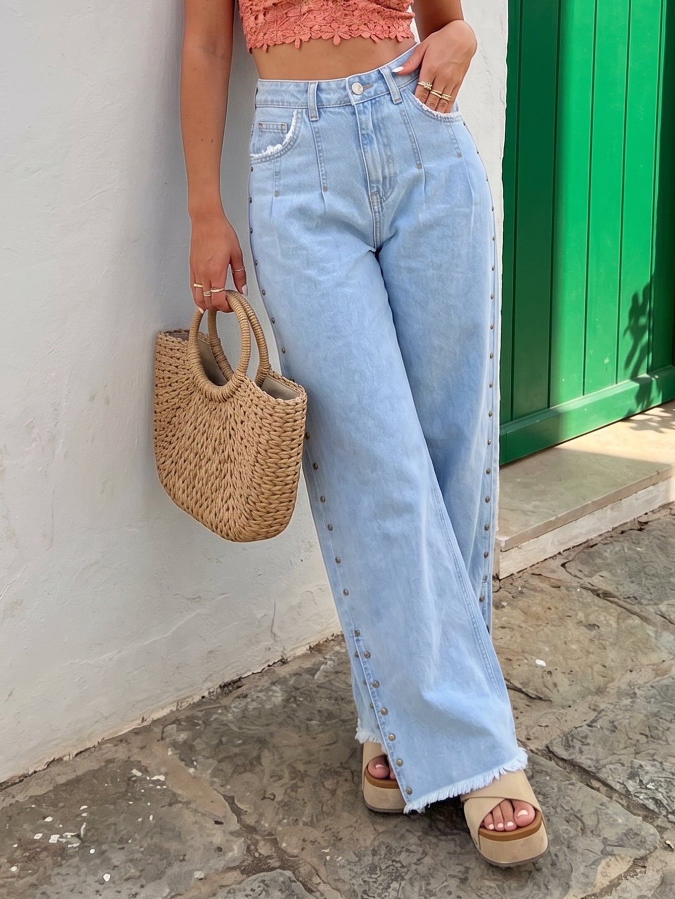 Wide Leg Stud Detail Jeans