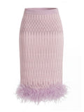 Feather Trim Glitter Knit Midi Skirt