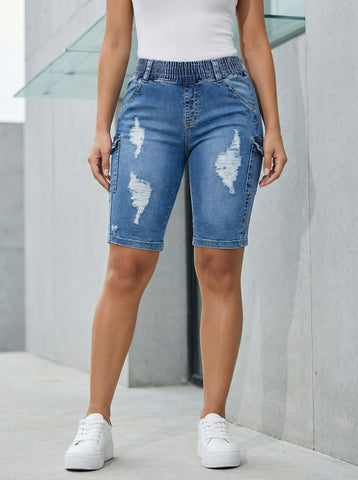 Elastic-Waist Distressed Relaxed Denim Shorts-Light Blue