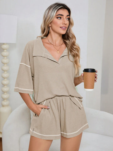 Casual Waffle Knit Shorts Set