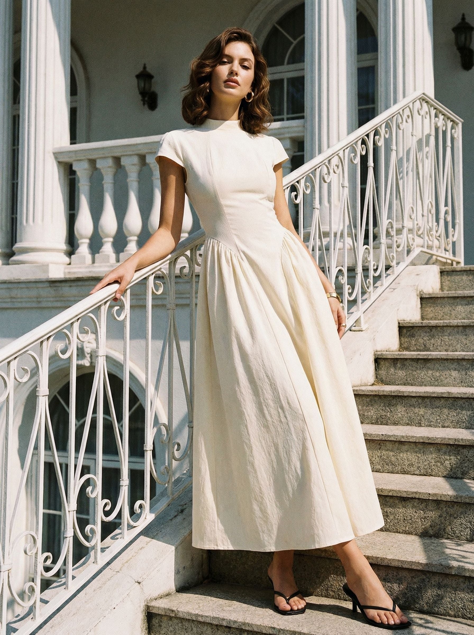 High-Neck Cap-Sleeve Draped Elegant Dress-Cream