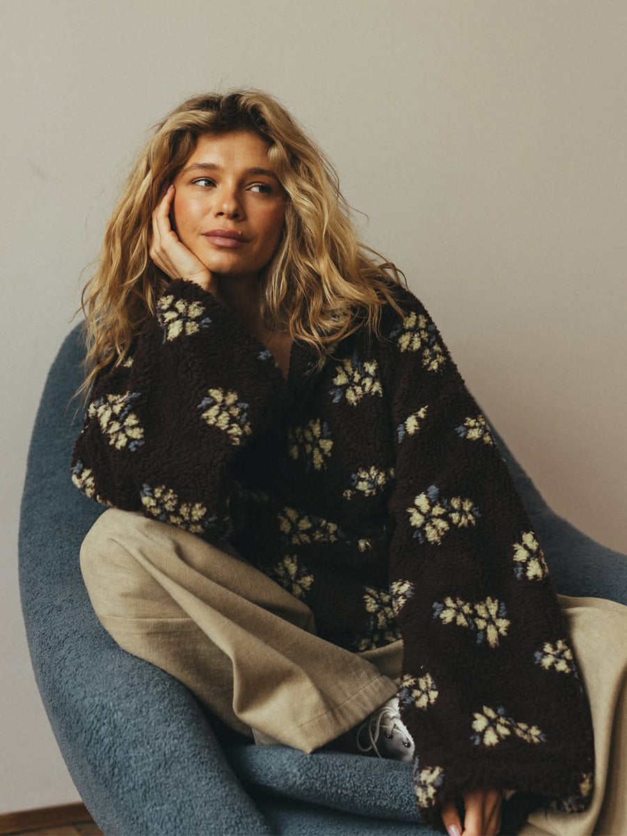 Cozy Floral Print Sherpa Pullover