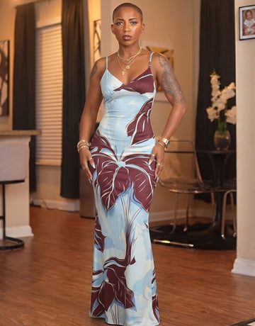 KIRA Abstract Palm Leaf Print Spaghetti Strap Bodycon Maxi Dress