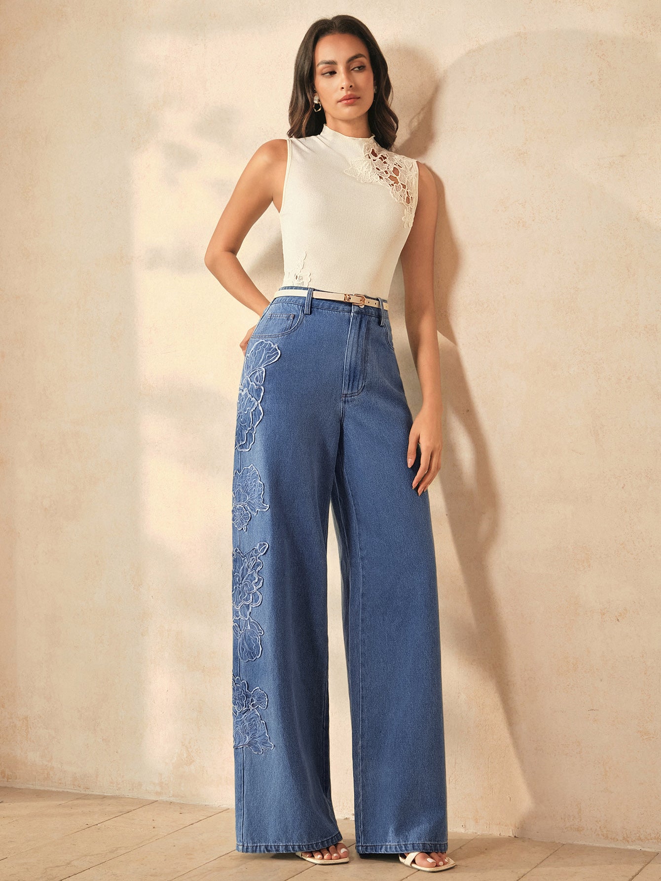 Embroidered High Waisted Wide Leg Jeans