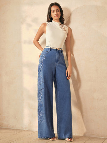 Embroidered High Waisted Wide Leg Jeans