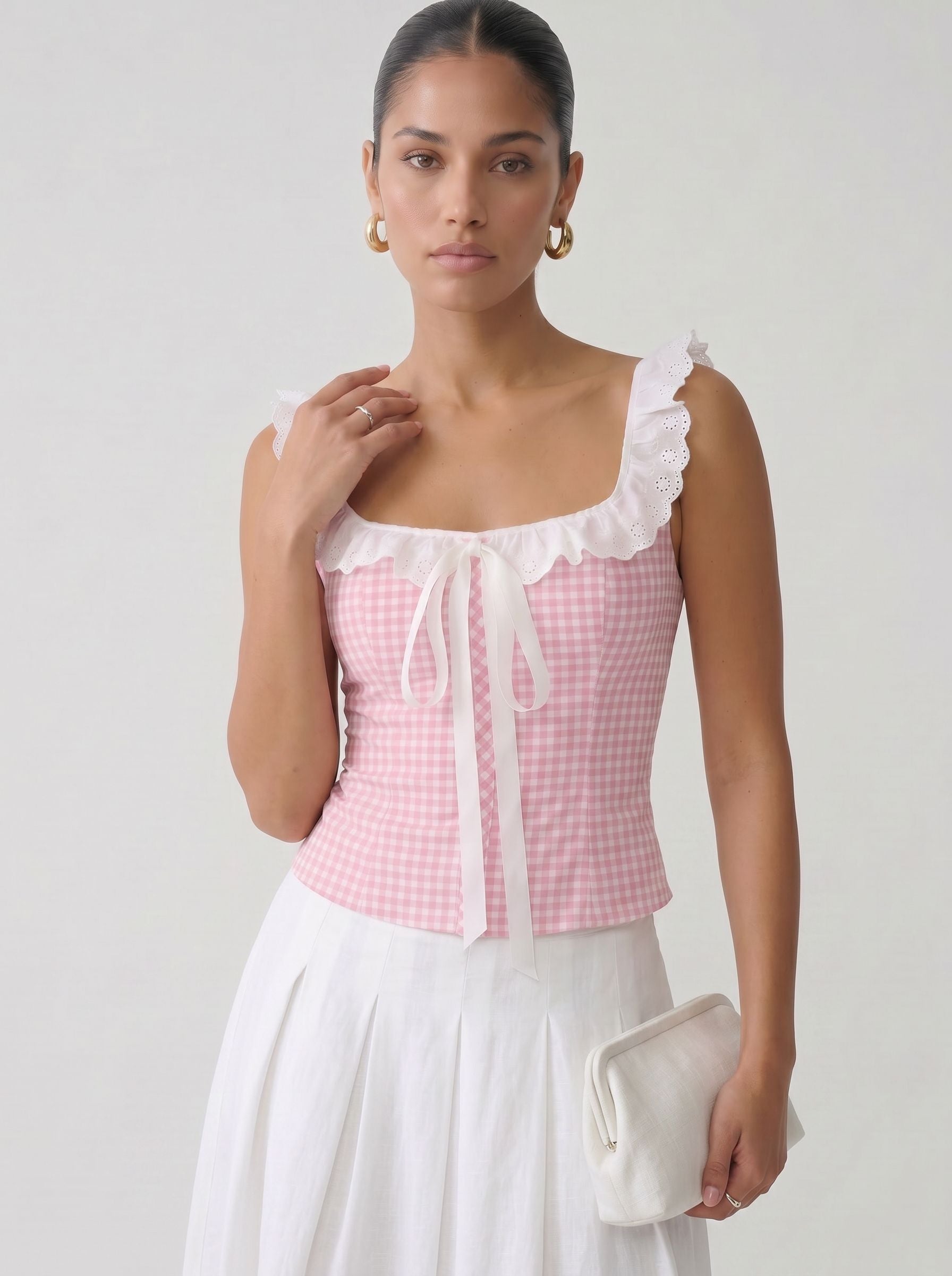 Gingham Eyelet Ruffle Trim Top
