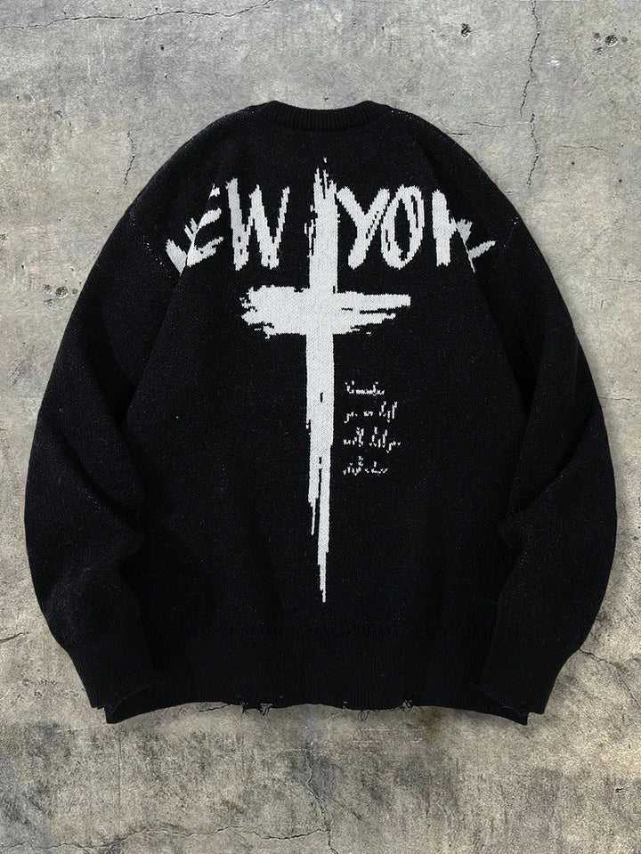 Oversized Distressed Graphic Knit Sweater