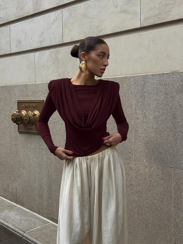 Padded Shoulder Cowl Neck T Shirt