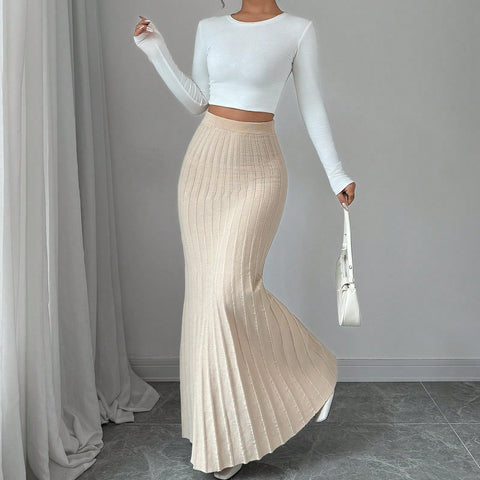 High Waisted Ribbed Knit Maxi Skirt