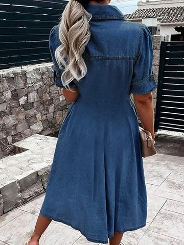 Button Front Pocket Detail Denim Mini Dress