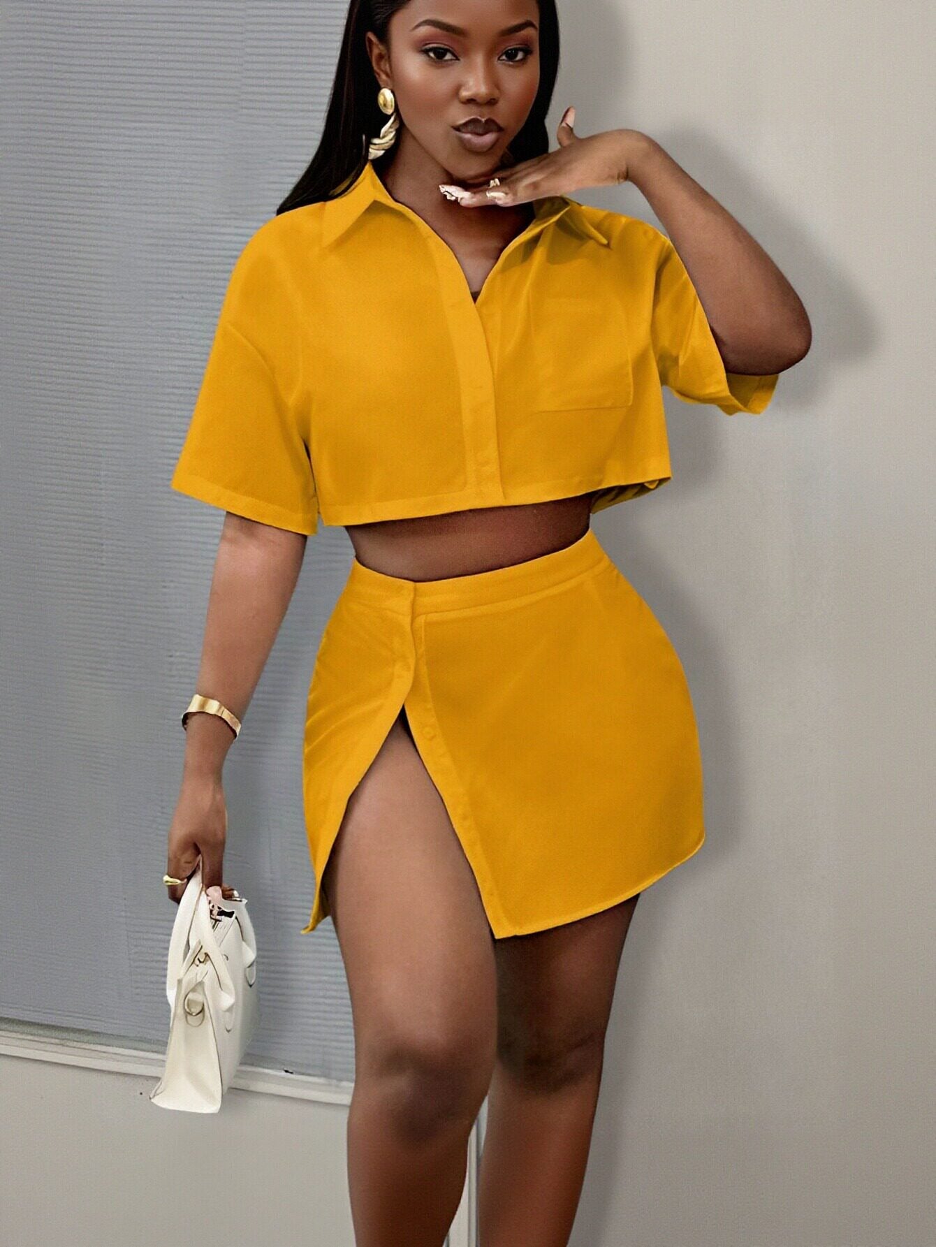 Cropped Shirt High Slit Skirt Set