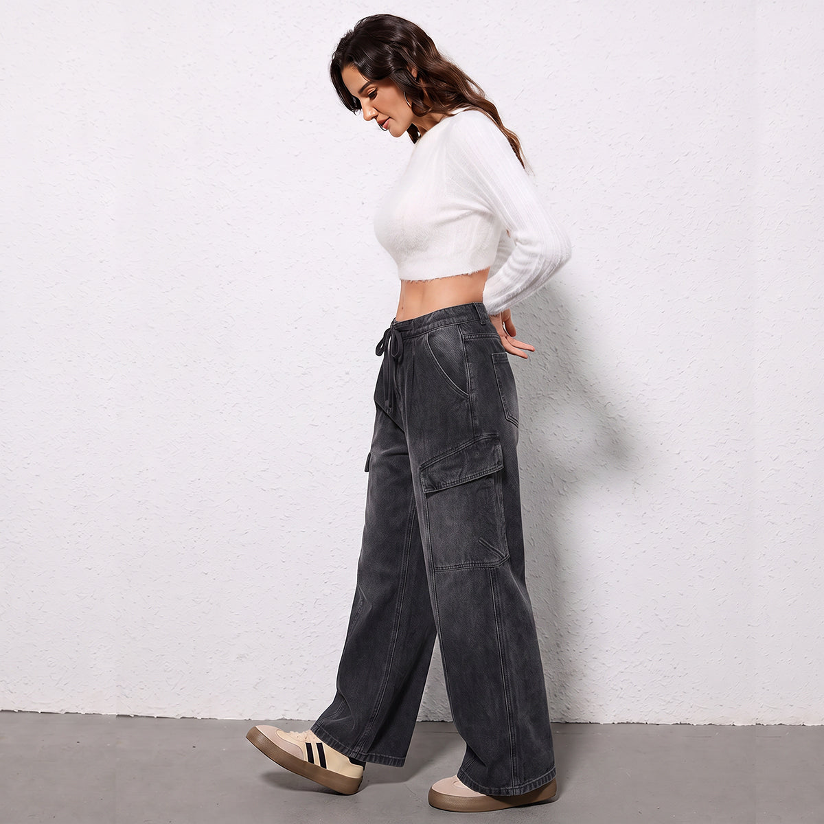 High Waisted Drawstring Cargo Jeans