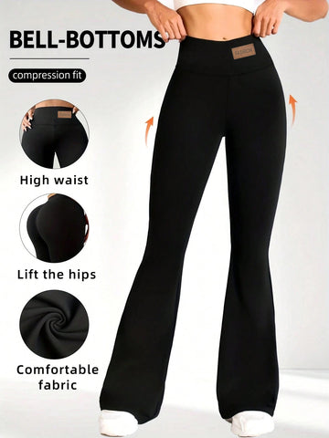 High-Waisted Compression-Fit Flared-Leg Toned Pants-Black