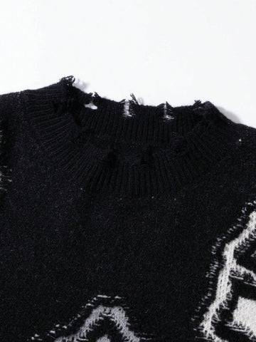 Distressed Grunge Cross Print Sweater