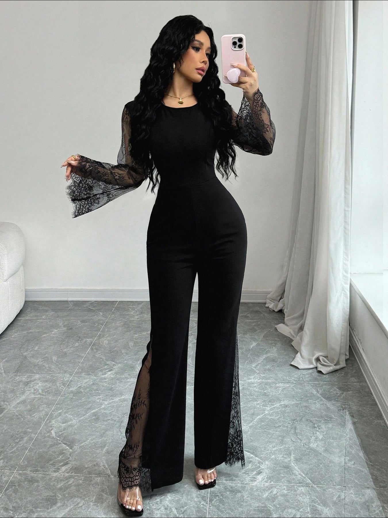 Sheer-Lace Sleeve Side-Lace Sexy Jumpsuit-Black