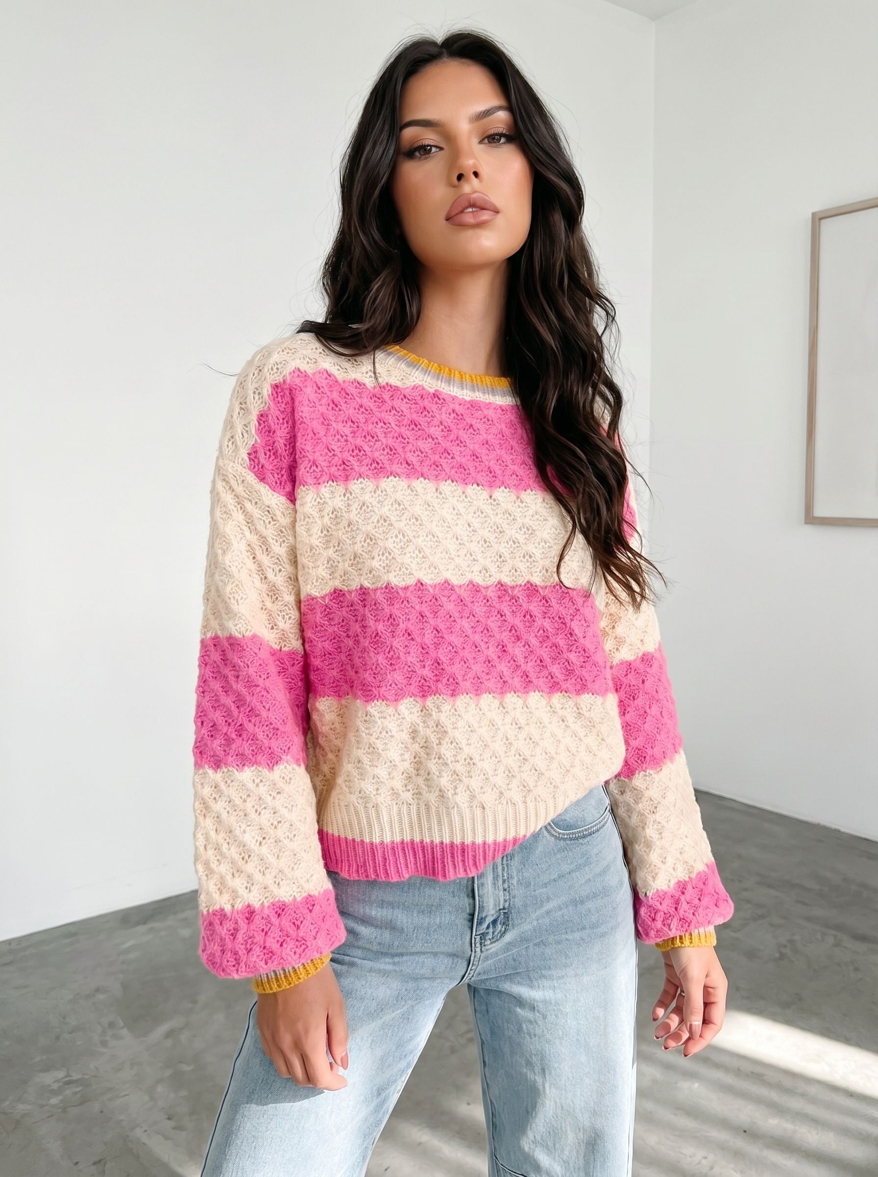 Textured Striped Colorblock Knit Pullover Sweater