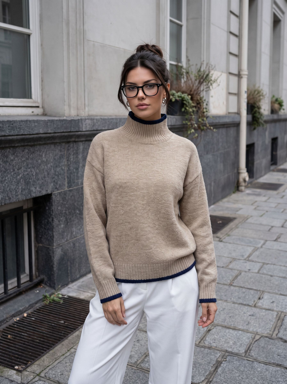 Cozy Contrast Trim Mock Neck Sweater