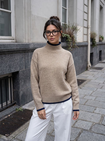 Cozy Contrast Trim Mock Neck Sweater