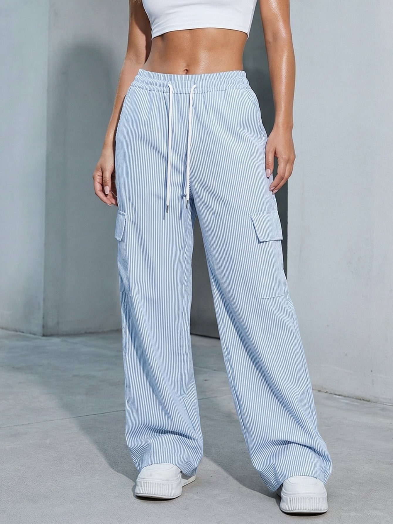 Striped Drawstring-Waist Casual Pants
