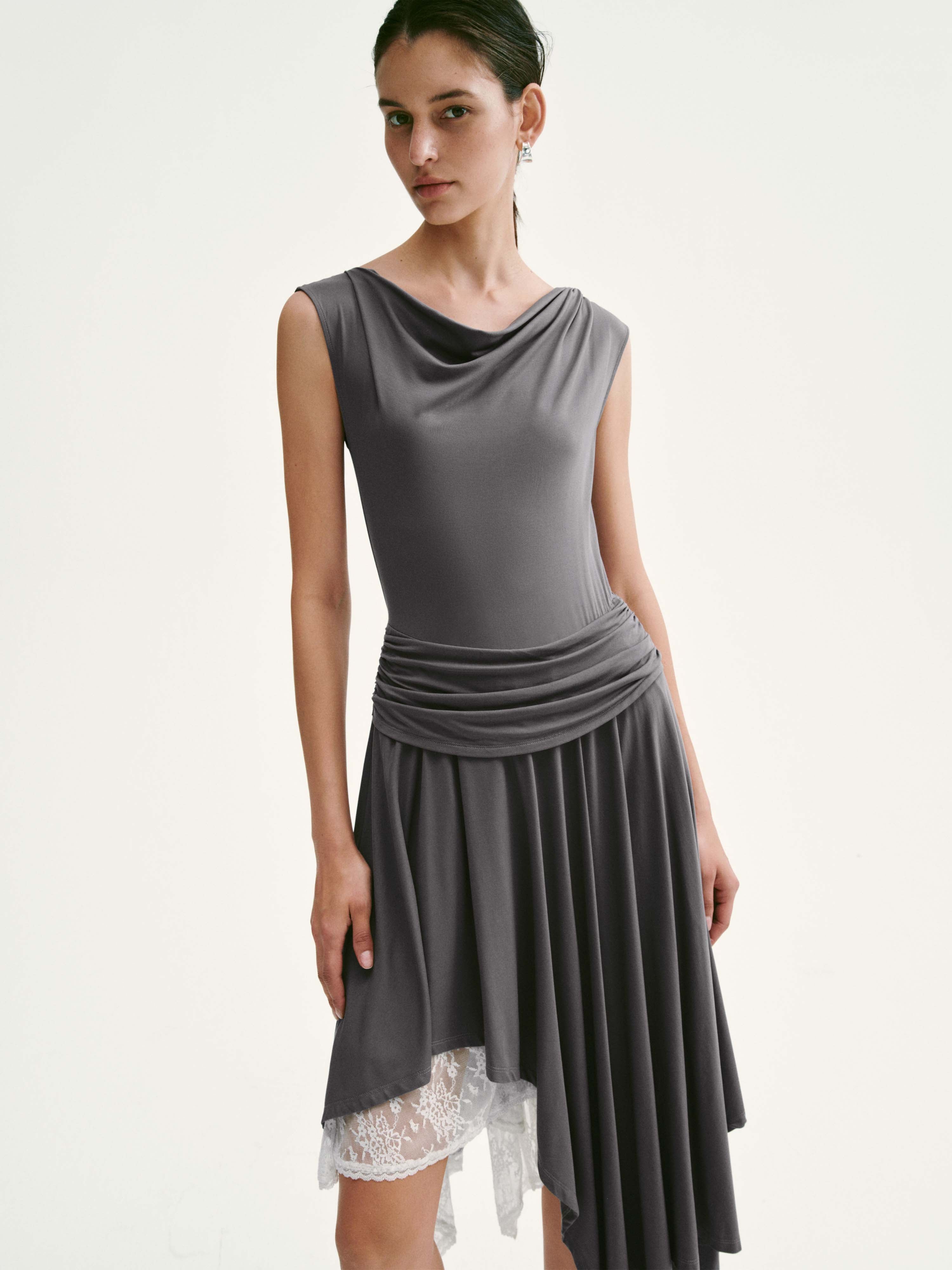 Lace Trim Asymmetric Pleated A-Line Midi Dresses
