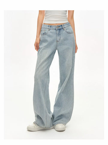 Sparkly Rhinestone High Waisted Wide Leg Jeans