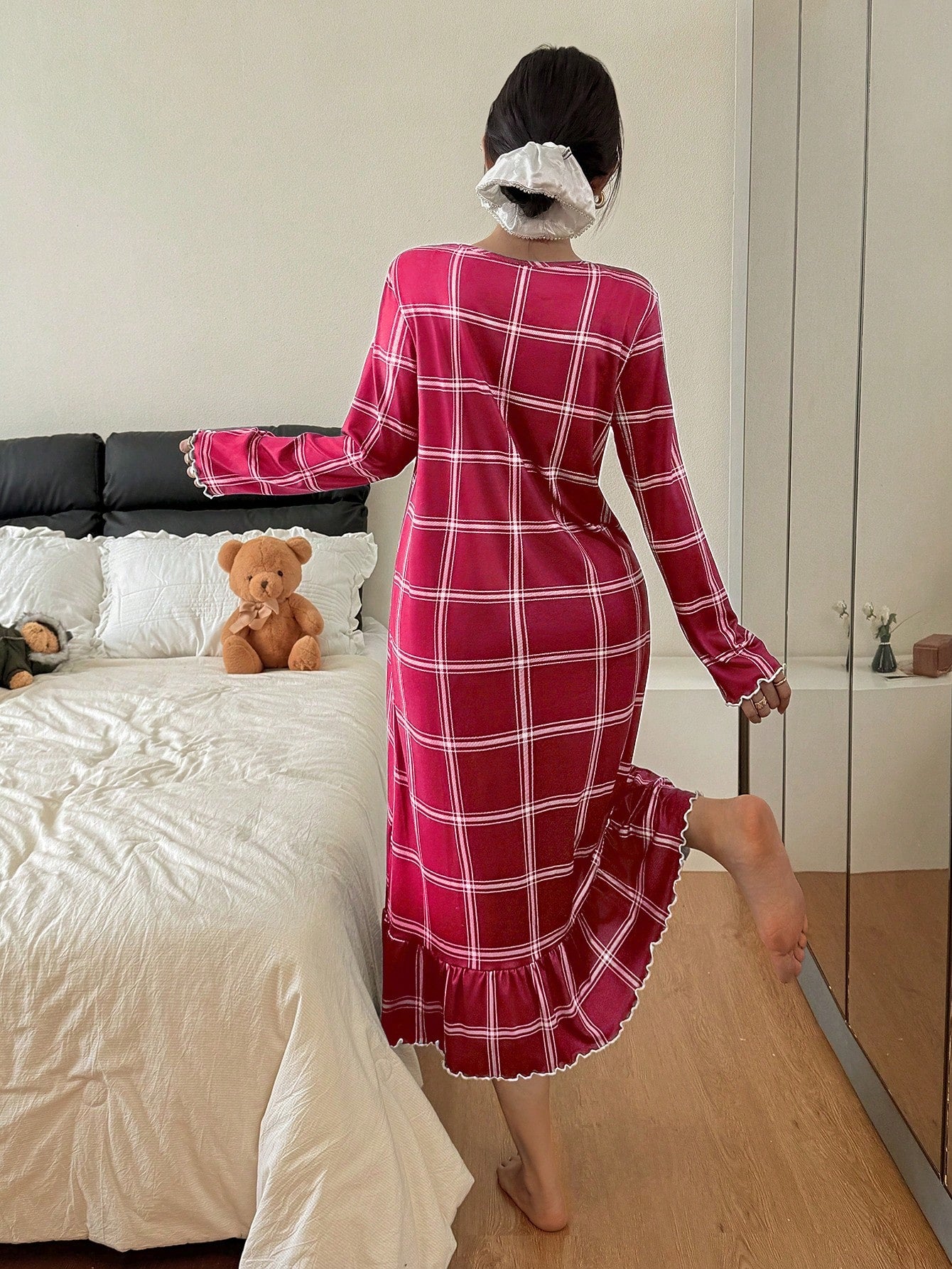 Cozy Plaid Lace Trim Nightgown
