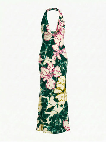 LILA Floral Print Cowl Neck Bodycon Midi Dress