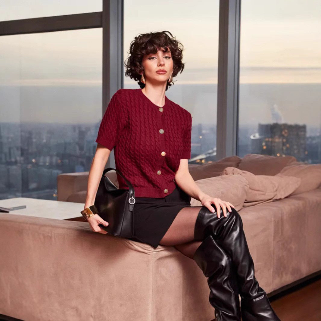 Cable Knit Short-Sleeved Casual Cardigan-Multicolor