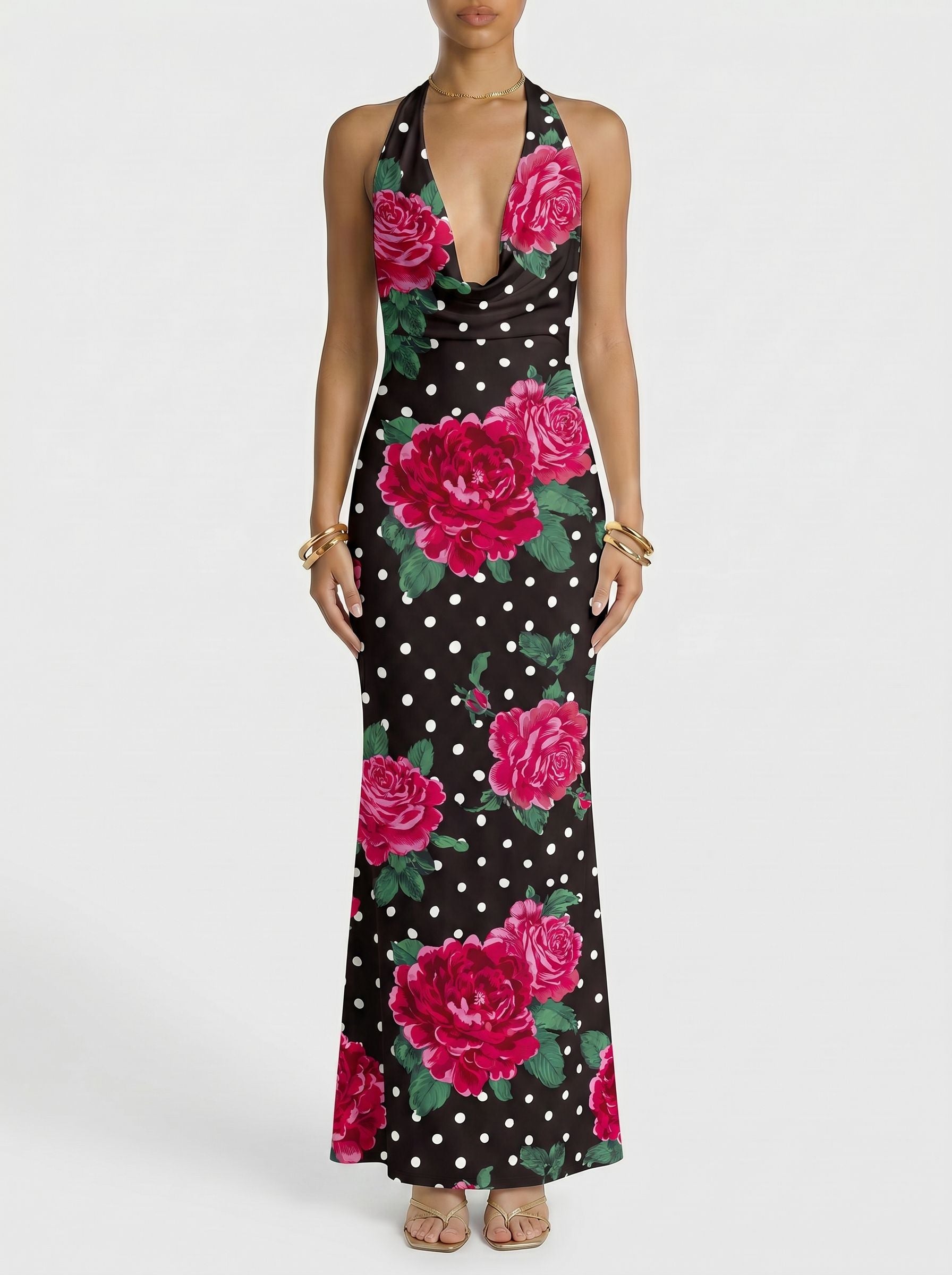 Floral Print Cowl Neck Bodycon Maxi Dress