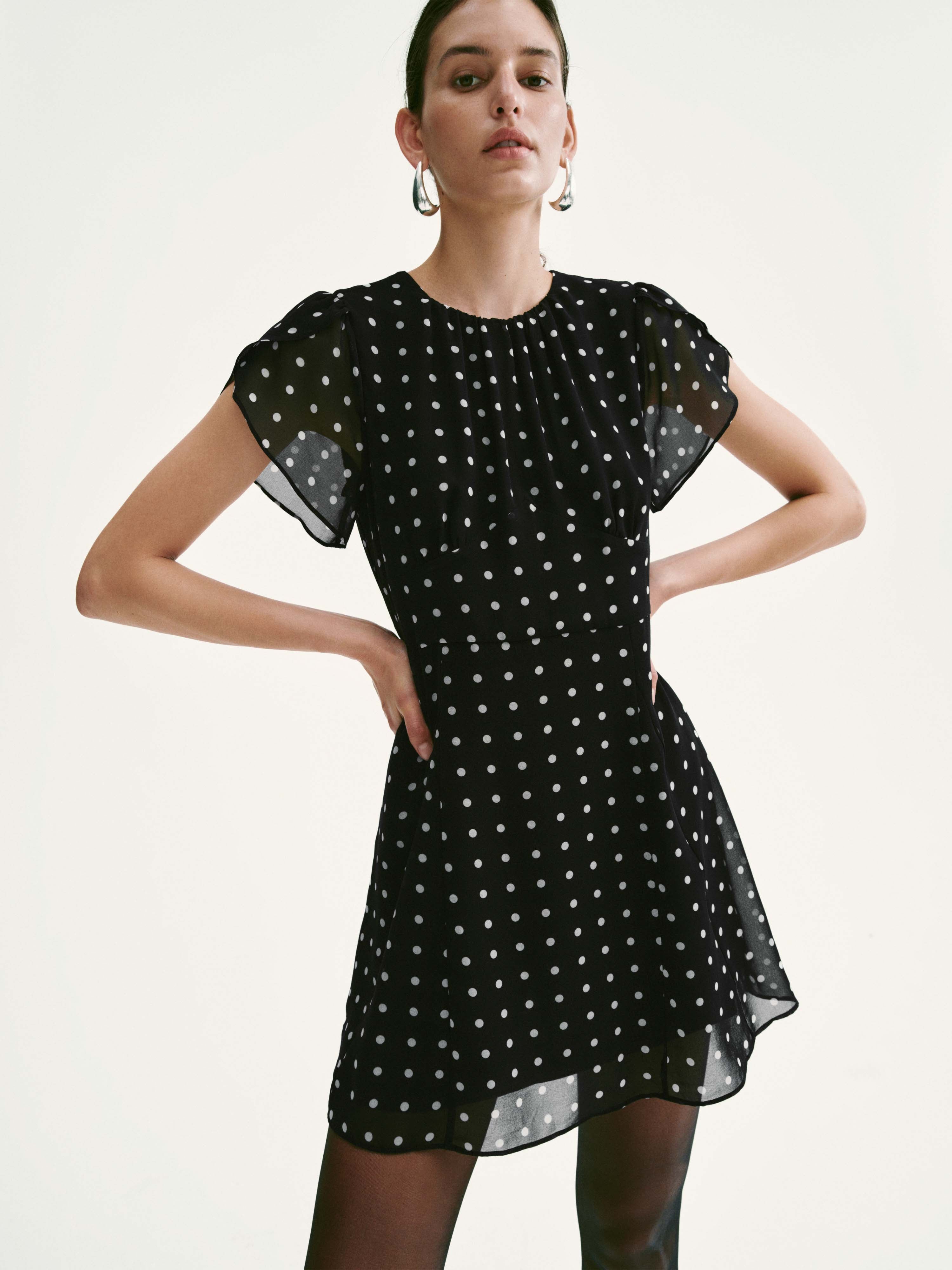 Polka Dotted Short Sleeve A-Line Midi Dresses