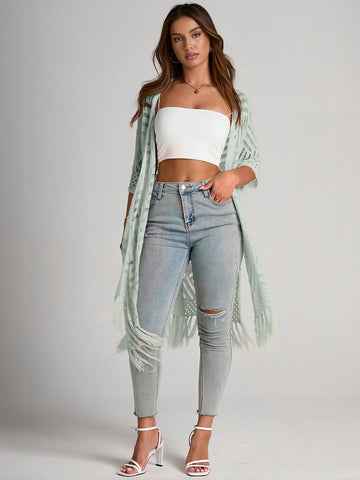 Boho Fringe Open Knit Cardigan