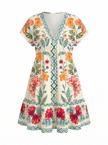 V Neck Short Sleeve Mini Dress