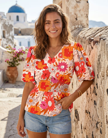 Floral Print Puff Sleeve Chiffon Top