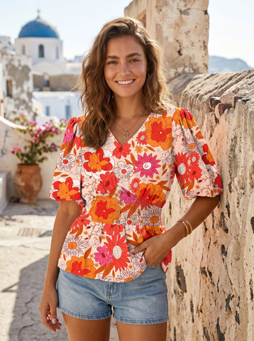 Floral Print Puff Sleeve Chiffon Top