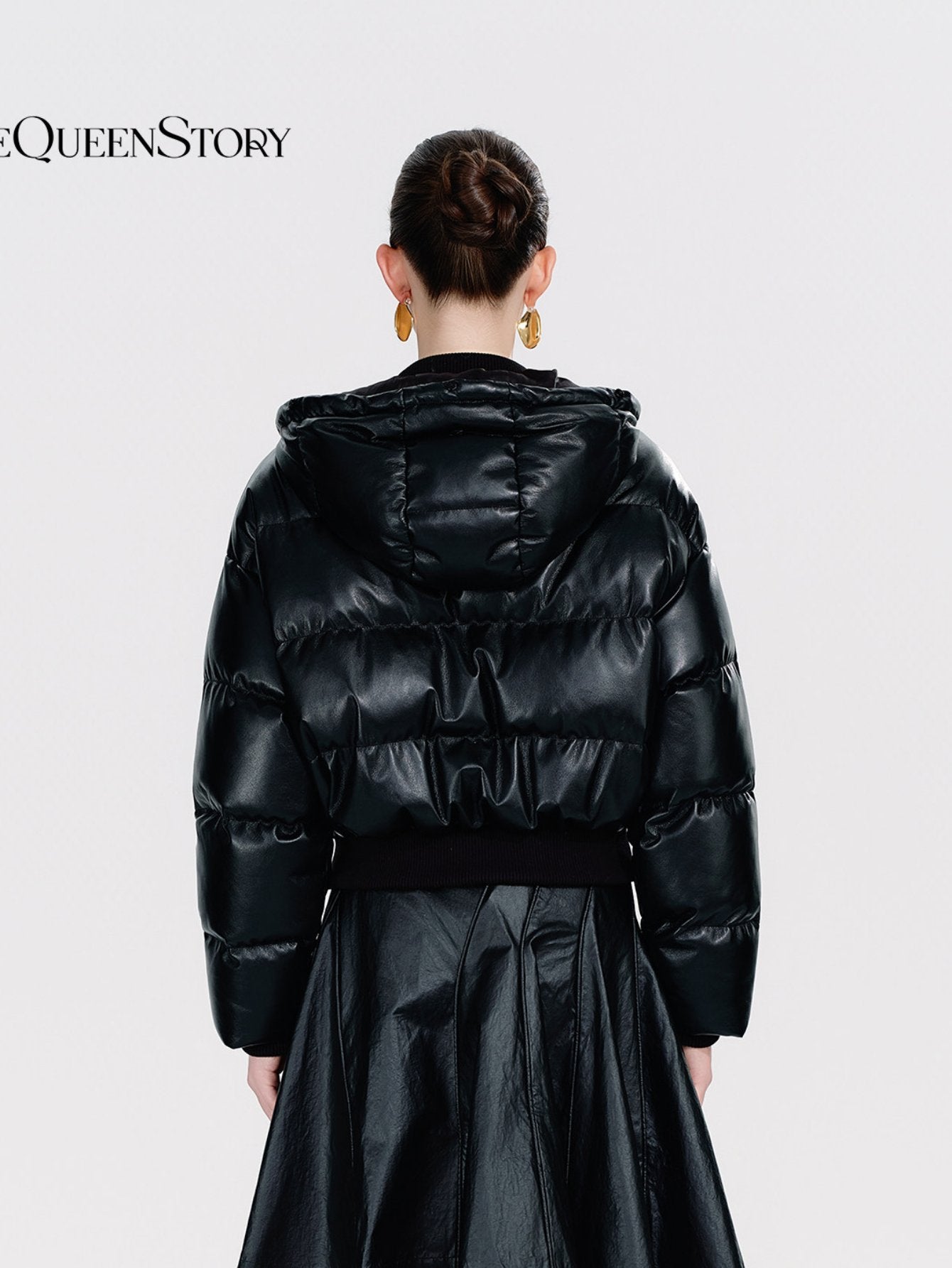 Cropped Faux Leather Puffer Jacket