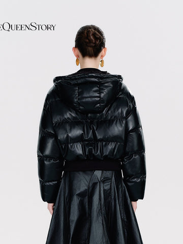 Cropped Faux Leather Puffer Jacket