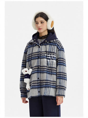Hooded Plaid Brushed Wool Coat