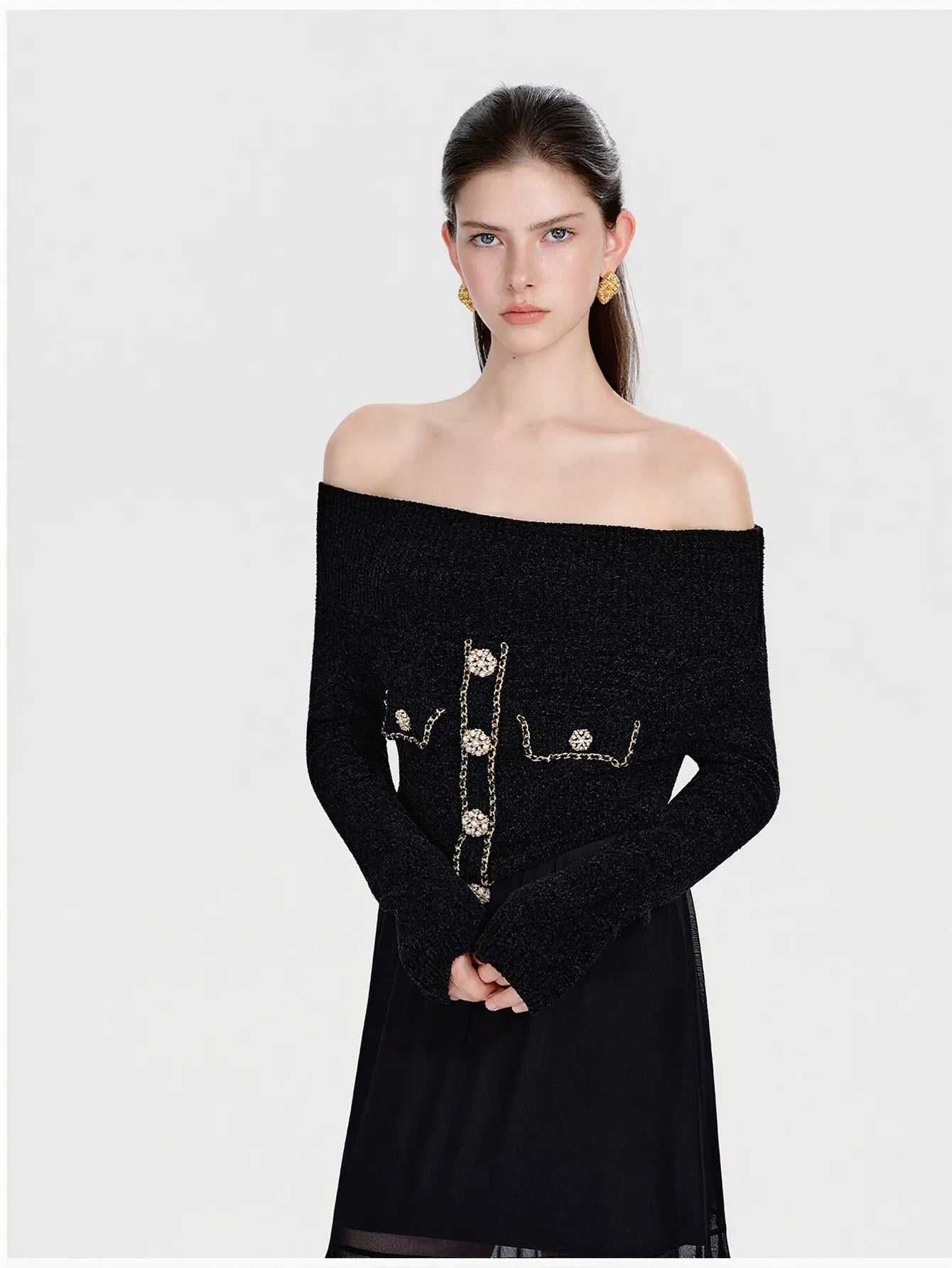 Off Shoulder Embellished Knit Sweater