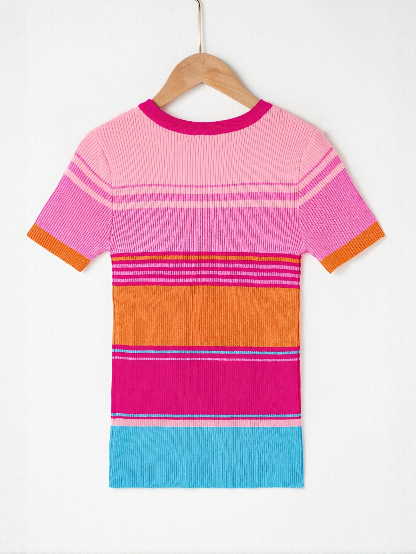 Striped Ribbed Short Sleeve Knit Sweater