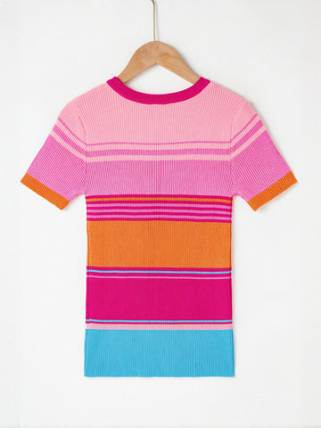 Striped Ribbed Short Sleeve Knit Sweater