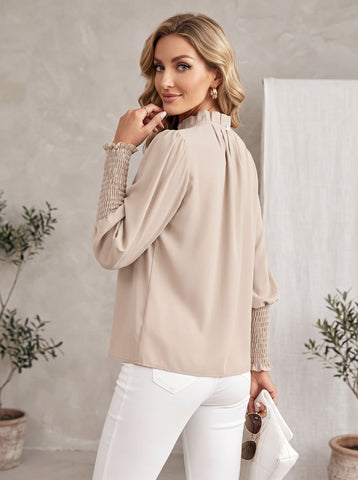 Elegant Pleated Smocked Cuff Blouse