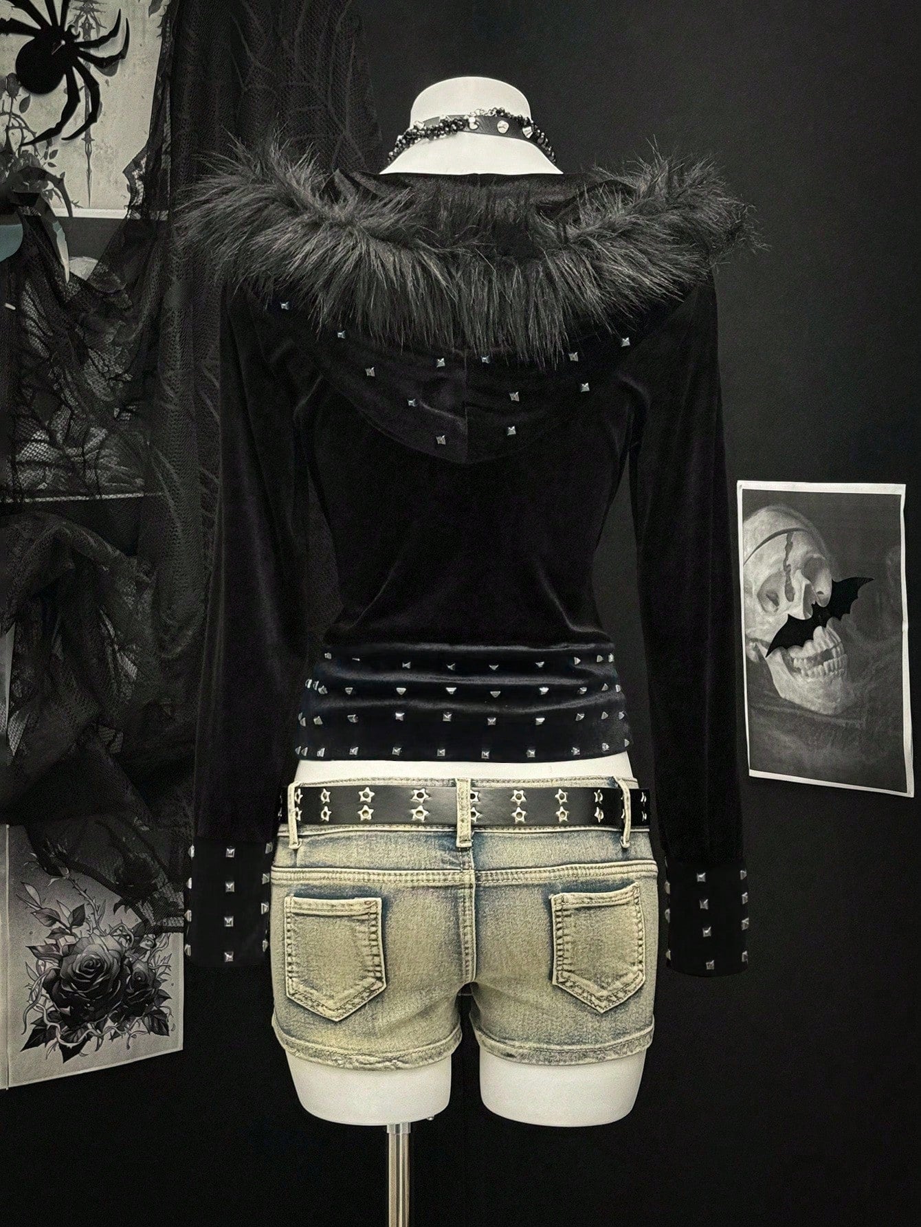 Studded Faux Fur Trim Hoodie