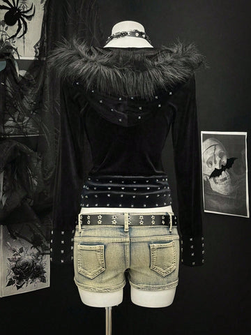 Studded Faux Fur Trim Hoodie
