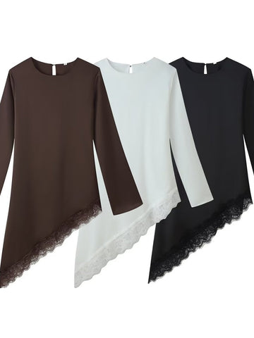 Asymmetric Lace Trim Long Sleeve Dress