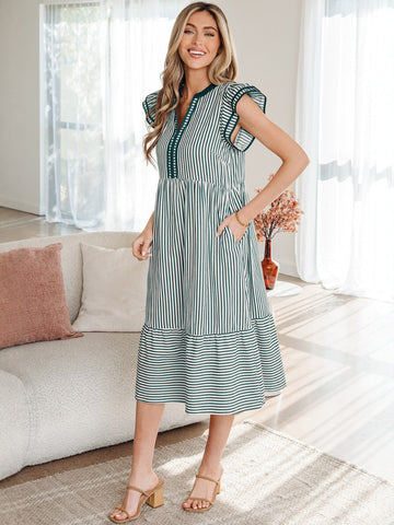 Striped Ruffle Sleeve Midi Dress